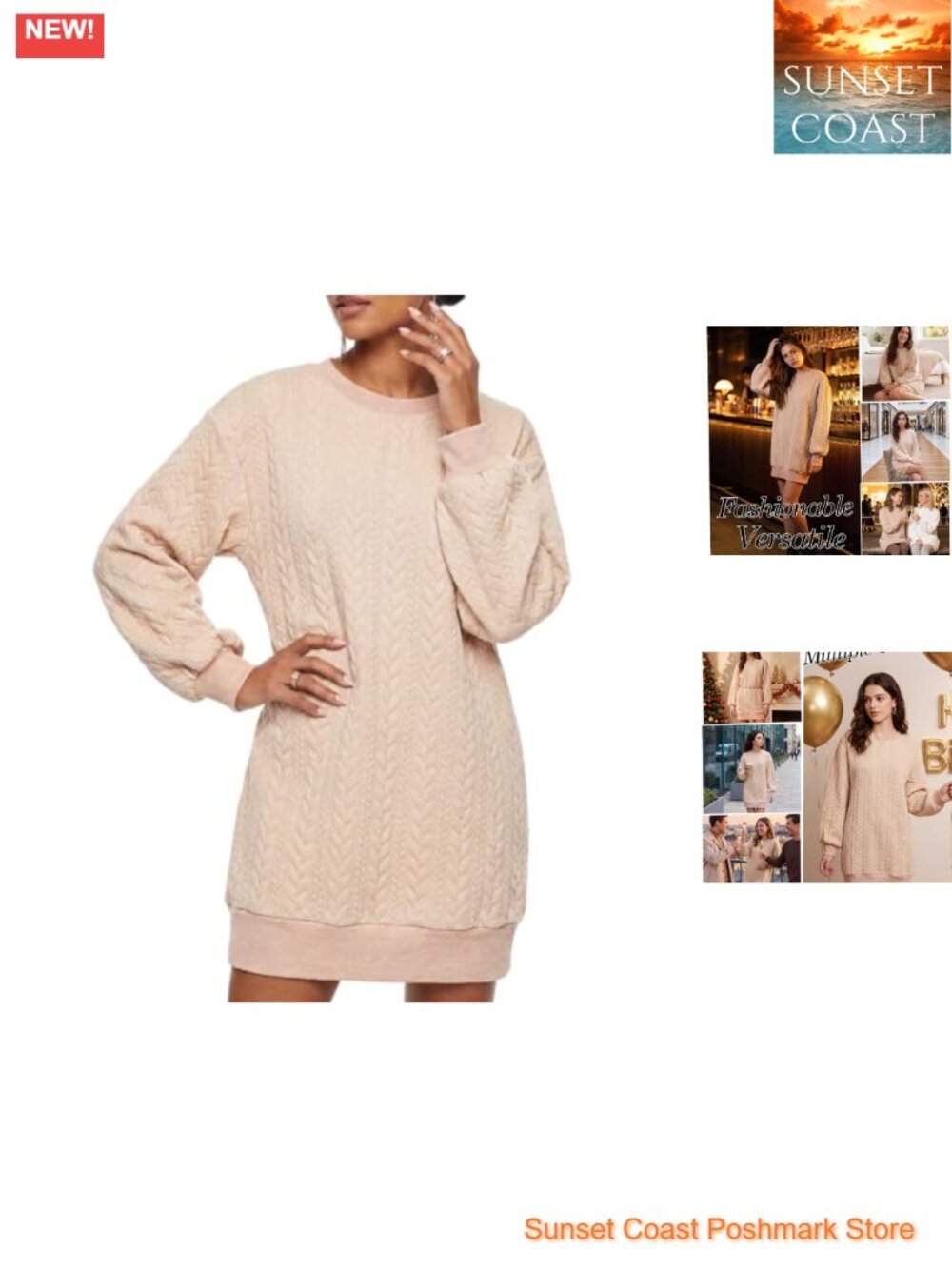 Women Cable Knit Sweater Dress Long Lantern Sleeve Crewneck Loose Mini